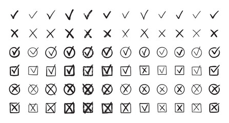 Check marks hand drawn doodle set. tick, cross signs for checkbox, checklist, v and x in sketch set. © Yanka