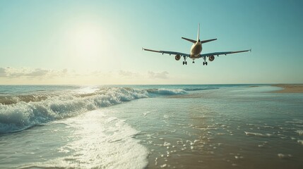 Airplane soaring above, viewed from the beach with ocean waves and clear skies in the background. A relaxing, tropical vibe