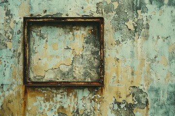 A vintage-style picture frame on a wall with worn and peeling paint, perfect for rustic or nostalgic settings