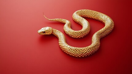 Fototapeta premium A Glimmering Golden Snake Slithering Across a Bold Red Background, Showcasing Its Intricate Scales and Fluid Movement in Stunning Detail