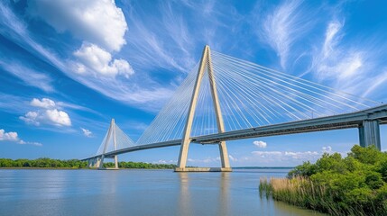 Obraz premium Angled shot of bridge support cables pointing to a vivid blue sky, showcasing precision in engineering.