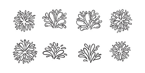 Doodle water splash in vintage style set. Hand drawn lack vector ketch illustration. Sun, starburst, sparkle, sunburst set. Line sparkle explosion. Retro spark