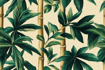 Rustic Jungle Leaves and Bamboo on Beige
