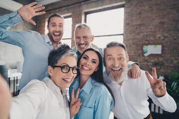 Photo of teamwork people working together take selfie photo comfortable modern office loft room...