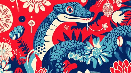 Obraz premium A Vibrant and Detailed Abstract Illustration of a Colorful Snake Amongst Flourishing Florals and Abstract Shapes Set Against a Bold Red Background