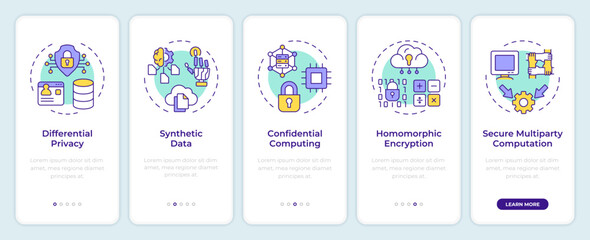 Privacy-enhancing technologies onboarding mobile app screen. Walkthrough 5 steps editable graphic instructions with linear concepts. UI, UX, GUI template. Montserrat SemiBold, Regular fonts used