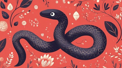 Obraz premium Abstract illustration of a black snake entwined among vibrant foliage and floral patterns against a bright red background, showcasing nature's intricate beauty.