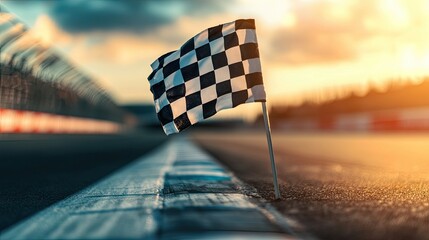 A checkered flag against a blurred racetrack, symbolizing the competitive spirit of motorsport.