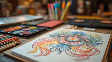 Drawing with colored pencils, next to it are watercolors, colored pencils and oil paints. Drawing set.