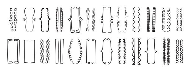 Hand drawn doodle brackets set. Scribble brackets and drawing in black. Wavy frames for text, silhouettes of parenthesis.