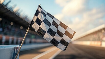 A checkered flag hanging over the edge of a race podium, highlighting the celebration of victory.