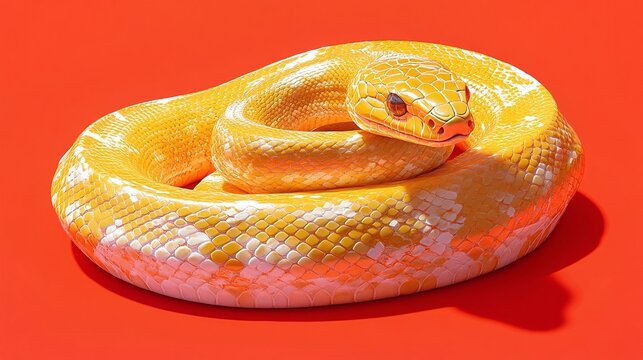 Captivating Close-Up of a Vibrantly Colored Yellow Python Coiled Gracefully Against a Bright Red Background Showcasing Its Unique Scales and Serpentine Beauty