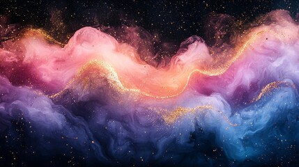 Abstract swirling colors with golden accents, resembling a cosmic or ethereal landscape.