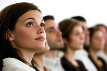 A group of professionals sitting together in a line, potentially in a meeting or conference setting