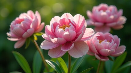 Fototapeta premium Close-up of blooming pink peonies against a backdrop of lush green foliage