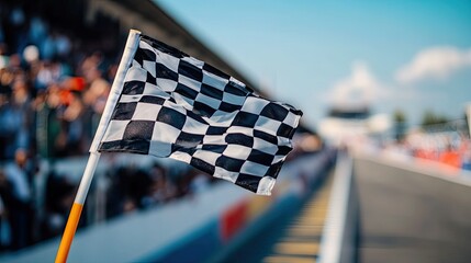 A checkered flag in focus with a crowd blurred in the background, representing the excitement of the finish.