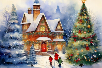 watercolor illustration christmas village cosy vibes