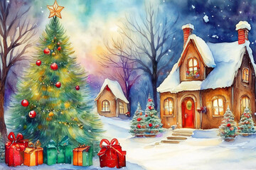 watercolor illustration christmas village cosy vibes