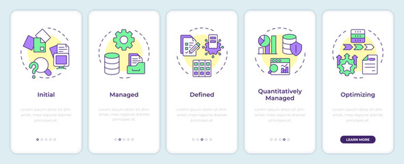 Data governance maturity model onboarding mobile app screen. Walkthrough 5 steps editable graphic instructions with linear concepts. UI, UX, GUI template. Montserrat SemiBold, Regular fonts used