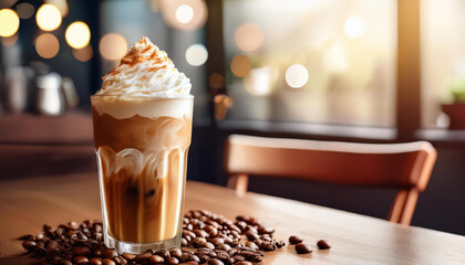 Iced coffee with soft cream on table