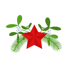 Christmas wreath design element with red star. Spruce evergreen branch