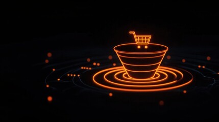 3D rendering of glowing orange e commerce funnel icon on black background, representing funnel optimization, sales lead generation, and digital marketing strategy