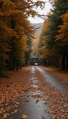 Naklejka premium a road in the middle of the autumn rain turkel