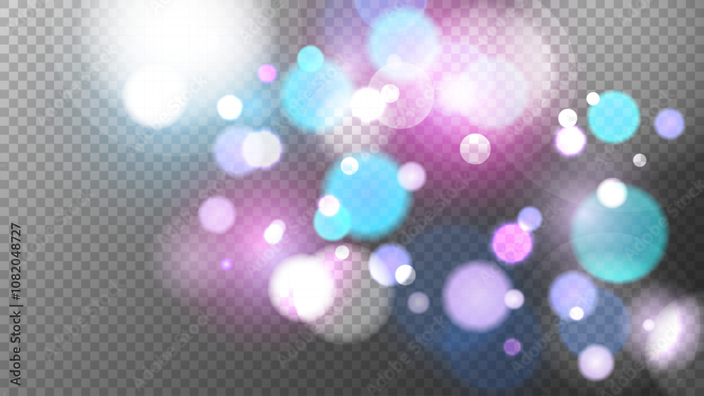 Poster festive bokeh lights. transparent background. abstract blurred overlay template. bright blur light e