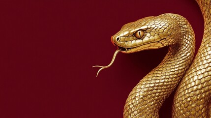 Fototapeta premium Elegant Golden Snake Curled on Red Background, Symbolizing Wisdom, Strength, Transformation, and Rebirth in a Captivating and Striking Display of Nature's Beauty