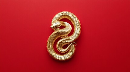 Obraz premium Elegant Golden Snake Curled on Vibrant Red Background Symbolizing Wealth, Power, and Transformation in Luxury Aesthetic