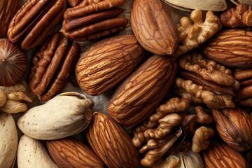 Fototapeta premium A selection of various nuts arranged on a table, great for food photography or as a background element