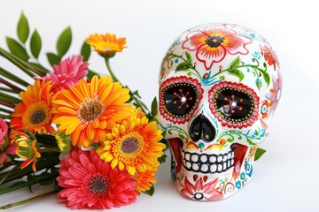 A colorful sugar skull with a bouquet of flowers, perfect for Day of the Dead or Halloween decorations