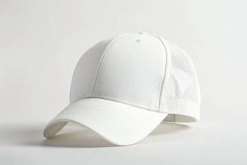 White mesh baseball cap isolated on a light grey background, showing a simple and clean design for casual or sporty wear.