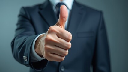 close up of hand with thumb up of man in suit