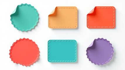 set of 6 multi-colored stickers of different shapes on a white background