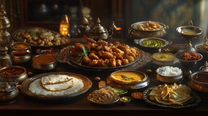 Fototapeta premium Assorted indian food. indian food. Ultra realistic. Photorealistic hypermaximalist advertising photography hyper realistic fine detail