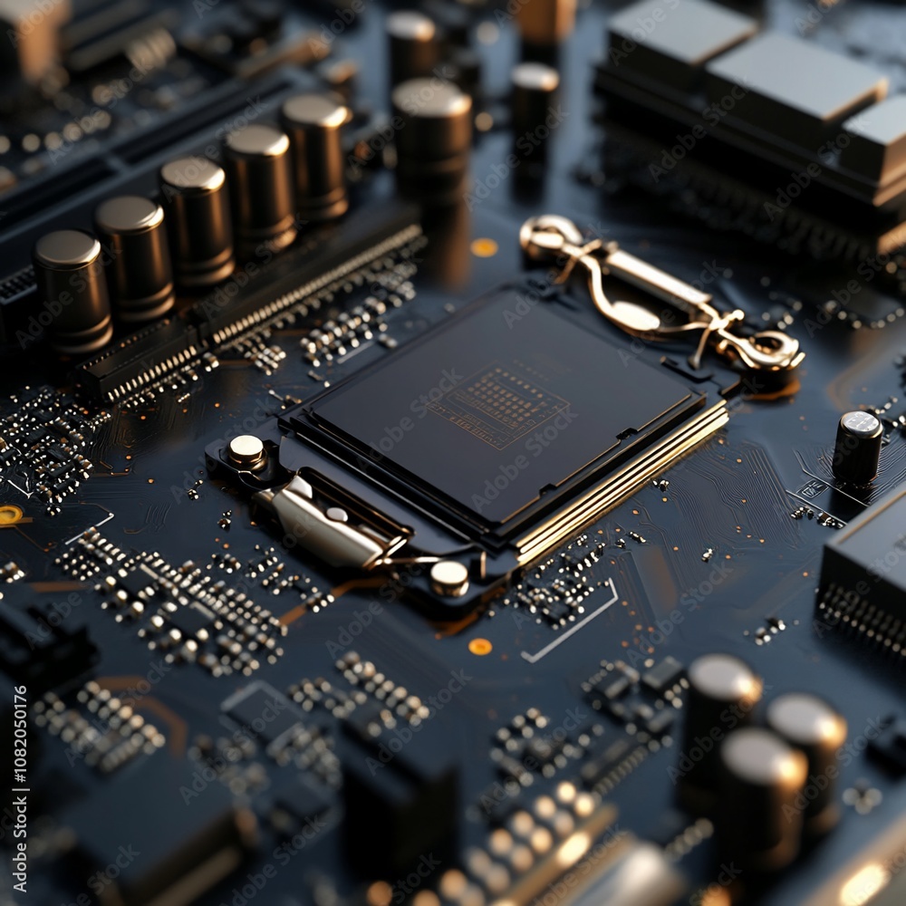 Aufkleber Close-up of a computer motherboard with a CPU chip in the center, surrounded by circuitry and components.