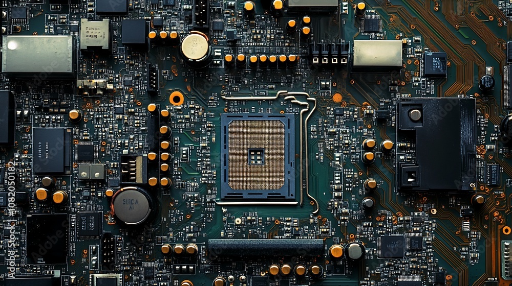 Poster Close-up of a circuit board with a central processor chip.