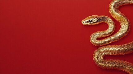 Obraz premium Glimmering Golden Snake against a Bold Red Background, Capturing the Intricate Details of Scales and Modern Aesthetic Appeal for Wildlife and Nature Enthusiasts
