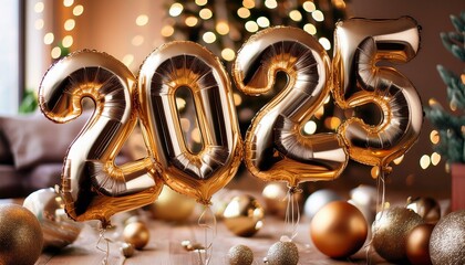 Close-up of metallic 2025 balloons amidst holiday decorations and warm lights in a festive room celebrating the New Year