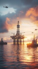 Obraz premium Offshore Oil Rig at Sunrise with Helicopters and Boats in the Sea