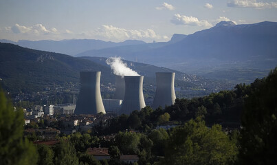 Three industrial cooling towers emitting steam in valley with mountains in background