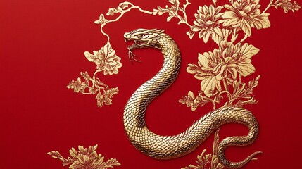 Obraz premium Golden Serpent Artwork on Red Floral Background, Symbolizing Prosperity and Strength in Traditional Asian Culture with Intricate Details and Vibrant Colors