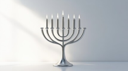 Elegant matte silver menorah with modern design, standing on a clean white surface, bathed in bright and even light