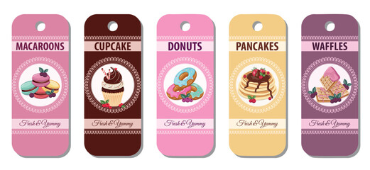 A set of templates for tags, labels, postcards for sweet desserts. Vector design.