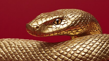Fototapeta premium Golden serpent sculpture against a rich red background, showcasing intricate scales and mesmerizing textures, representing elegance and beauty in artistic design.