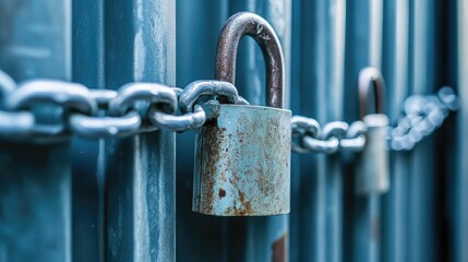 A padlock and chains securing an old storage unit, hinting at hidden treasures or forgotten spaces.