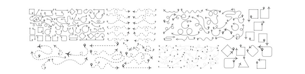 Airplane Route Dotted Line.  travel, location pins, map pins. Plane, airplane, aircraft paths. Vector illustration EPS 10