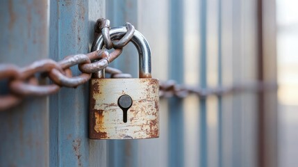 A padlock and chains securing an old storage unit, hinting at hidden treasures or forgotten spaces.