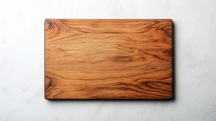 A polished wooden cutting board with a rich grain pattern, set against a light background, ideal for culinary use or kitchen decor.